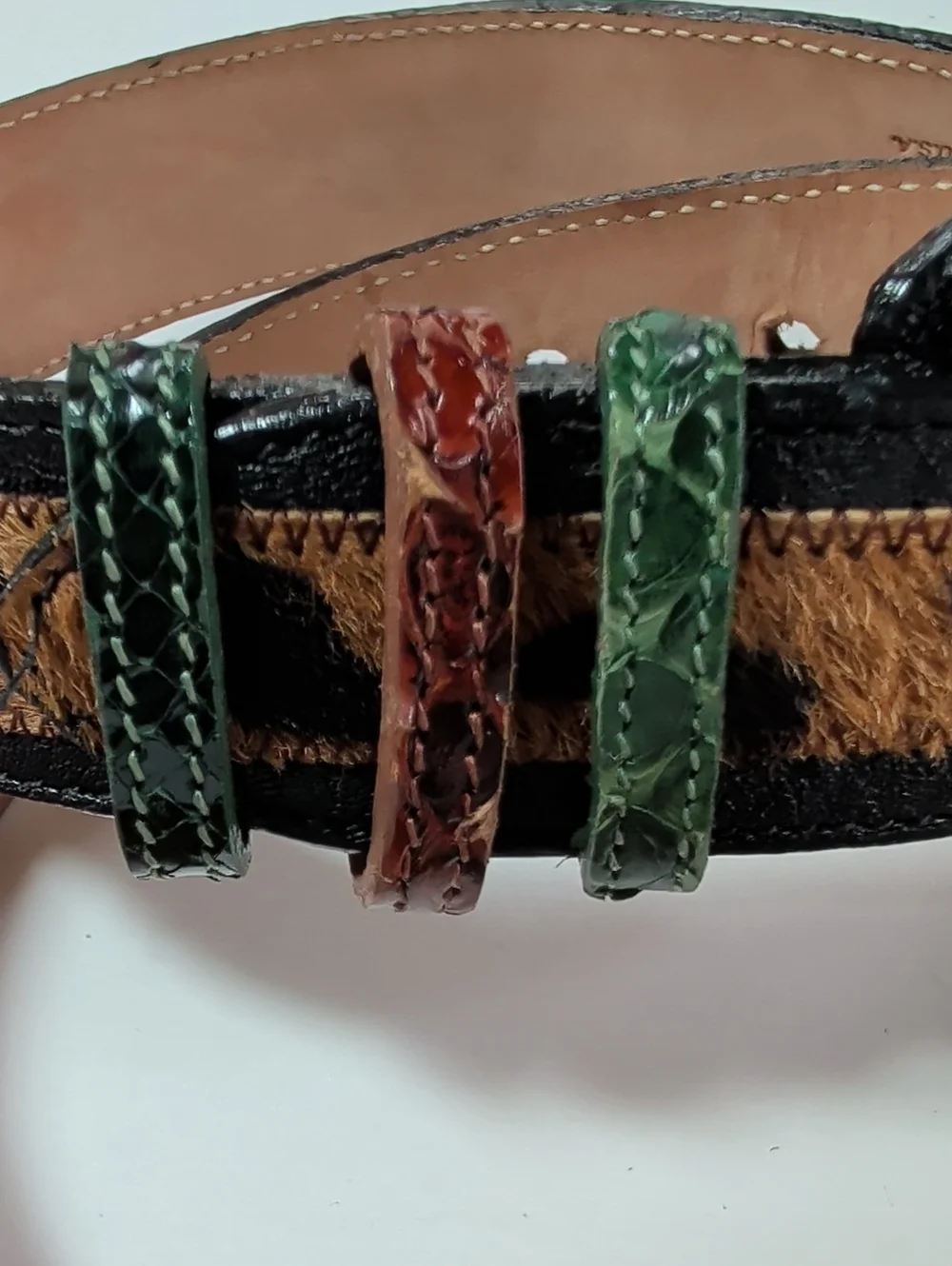 Carlos Falchi, Calf Hair Snake Print Leather Belt.